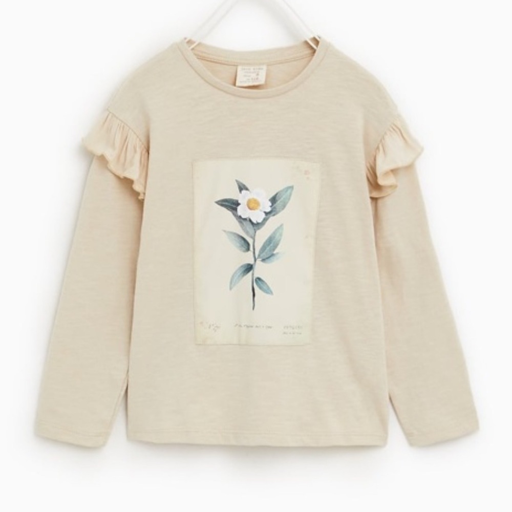 Zara Kids Girls Floral Graphic Ruffle Long Sleeve Cotton Top Cream | Size 7